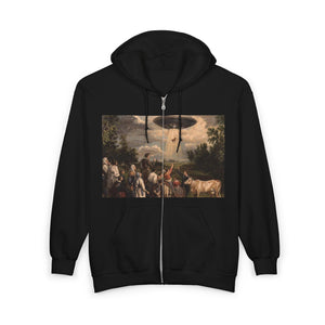 Eerie UFO Art Hoodie, Unisex Zip Sweatshirt, Unique Gift for Sci-Fi Fans, Cool Vintage Artwork, Comfy Casual Wear
