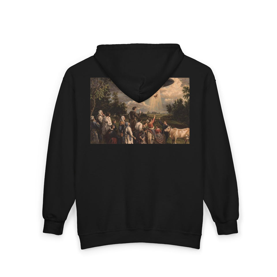 Eerie UFO Art Hoodie, Unisex Zip Sweatshirt, Unique Gift for Sci-Fi Fans, Cool Vintage Artwork, Comfy Casual Wear