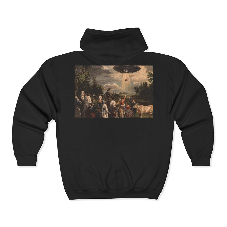 Eerie UFO Art Hoodie, Unisex Zip Sweatshirt, Unique Gift for Sci-Fi Fans, Cool Vintage Artwork, Comfy Casual Wear