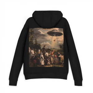 Artistic Unisex French Terry Hoodie with UFO Design | Casualwear, Unique Gift, Cozy Layer, Art Lover, Unisex Clothing