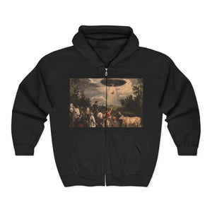 Eerie UFO Art Hoodie, Unisex Zip Sweatshirt, Unique Gift for Sci-Fi Fans, Cool Vintage Artwork, Comfy Casual Wear
