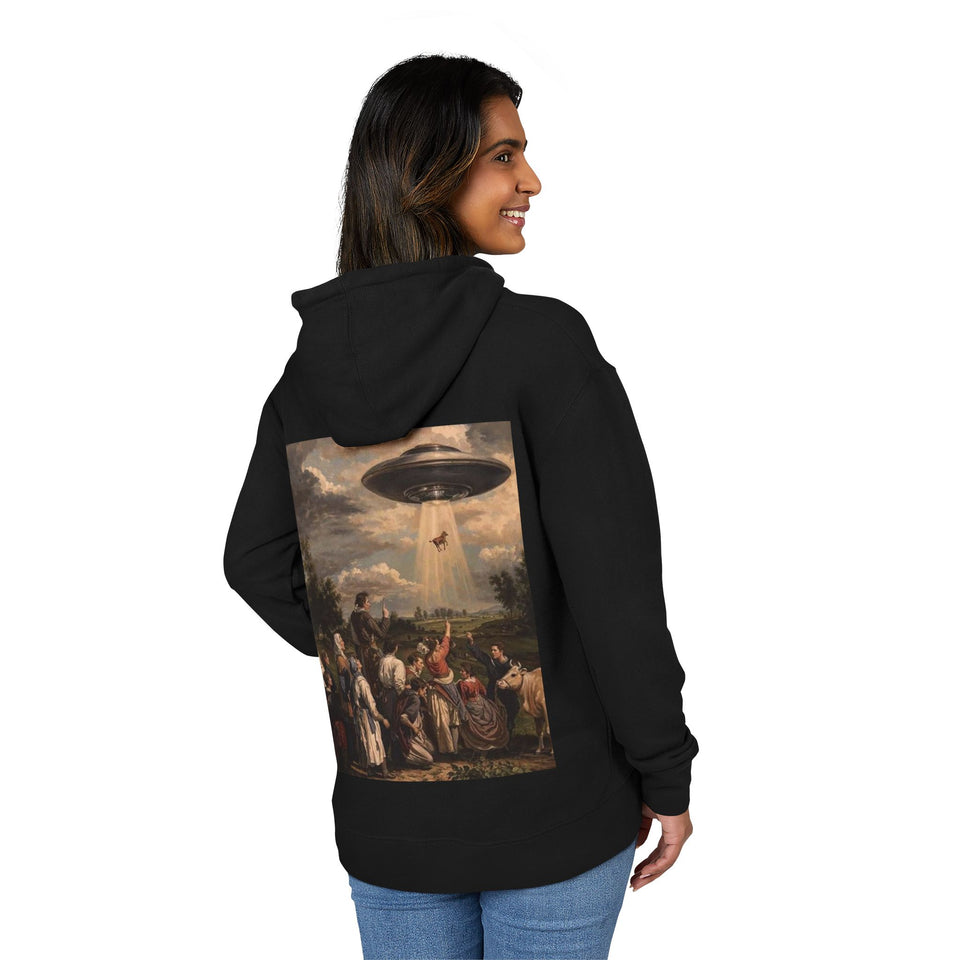 Artistic Unisex French Terry Hoodie with UFO Design | Casualwear, Unique Gift, Cozy Layer, Art Lover, Unisex Clothing